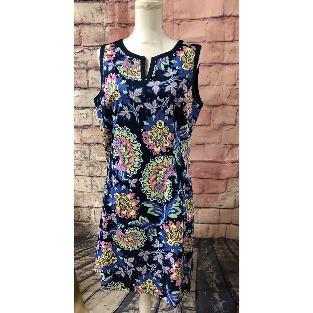 Sleeveless Paisley Lined Cotton Shift Dress Blue